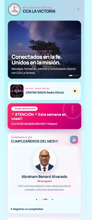 Interfaz real de la app CCA La Victoria